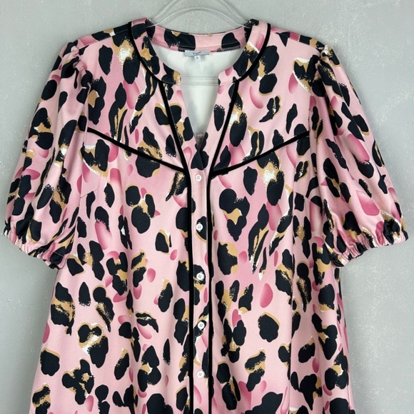 VOY size L pink leopard drop waist ruffle dress short puff sleeve button front - Picture 2 of 12